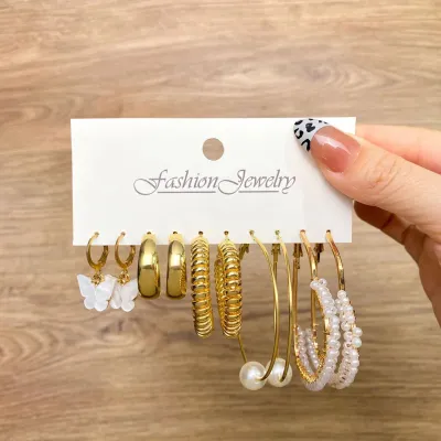 Geometric Faux Pearl Love Design Earrings Set (5 Pairs)